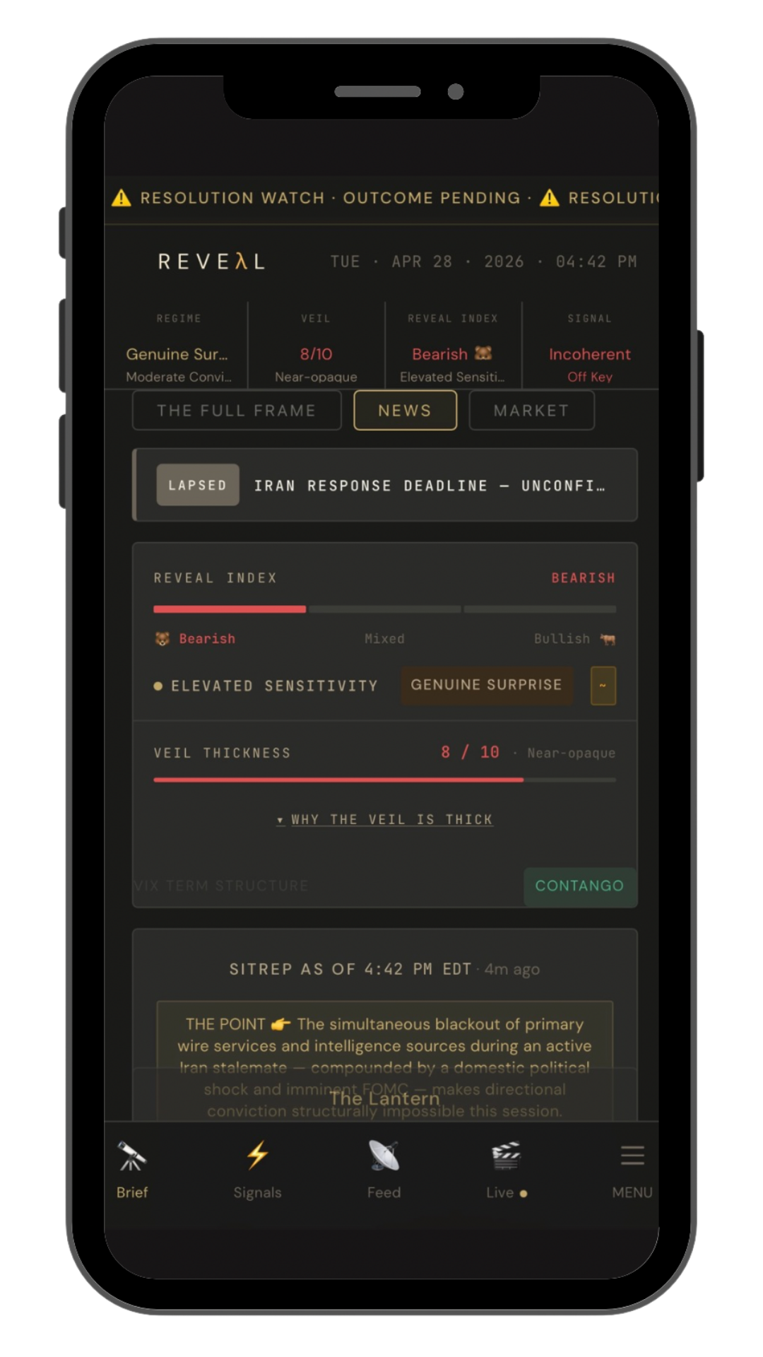 REVEAL app interface showing market context, signals, and the active trading directive